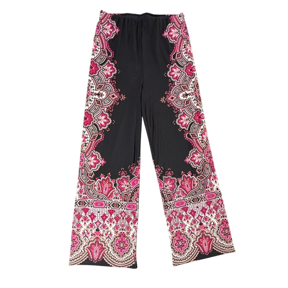 Liz Lange Black Pink Paisley Print Wide Leg Palazzo Pants Women's Size M